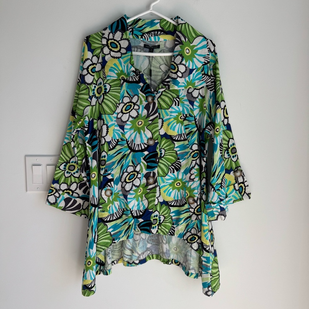 For Cynthia Blue Green Floral Line Blend Button Up Jacket or Top Women’s XL NEW